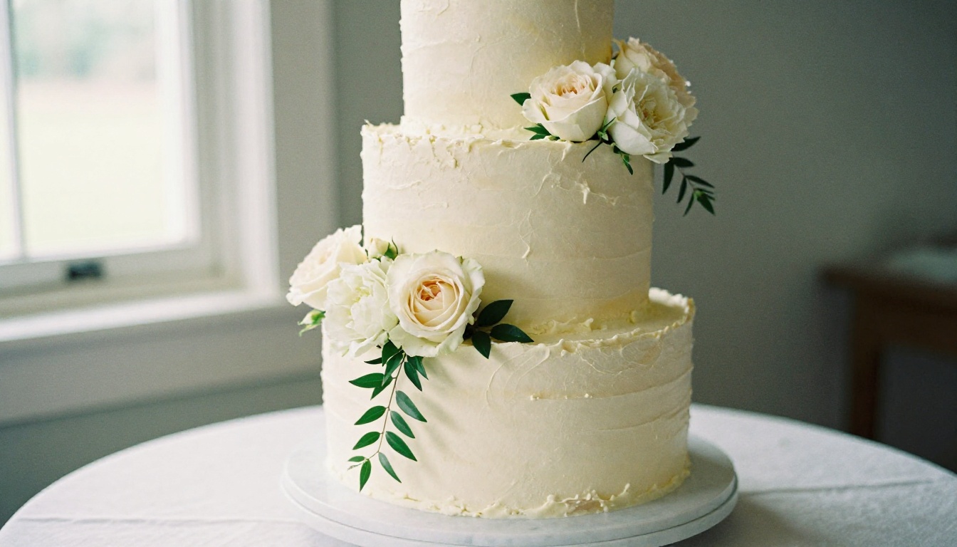 Stunning multi-tier wedding cake with fresh garden roses and blush peonies on an elegant marble cake stand Stunning multi-tier wedding cake with fresh garden roses and blush peonies on an elegant marble cake stand