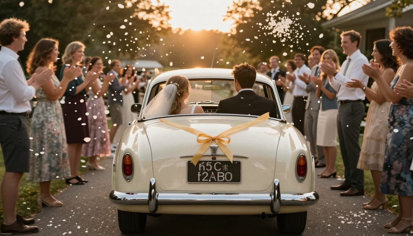 Bride and groom driving away in a classic cream Rolls Royce with a ribbon-tied just married sign, flower petals suspended mid-air Bride and groom driving away in a classic cream Rolls Royce with a ribbon-tied just married sign, flower petals suspended mid-air