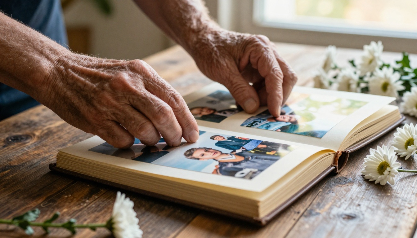 Weathered hands gently placing old family photographs into an open memory album on a rustic wooden table, white chrysanthemums scattered nearby Weathered hands gently placing old family photographs into an open memory album on a rustic wooden table, white chrysanthemums scattered nearby