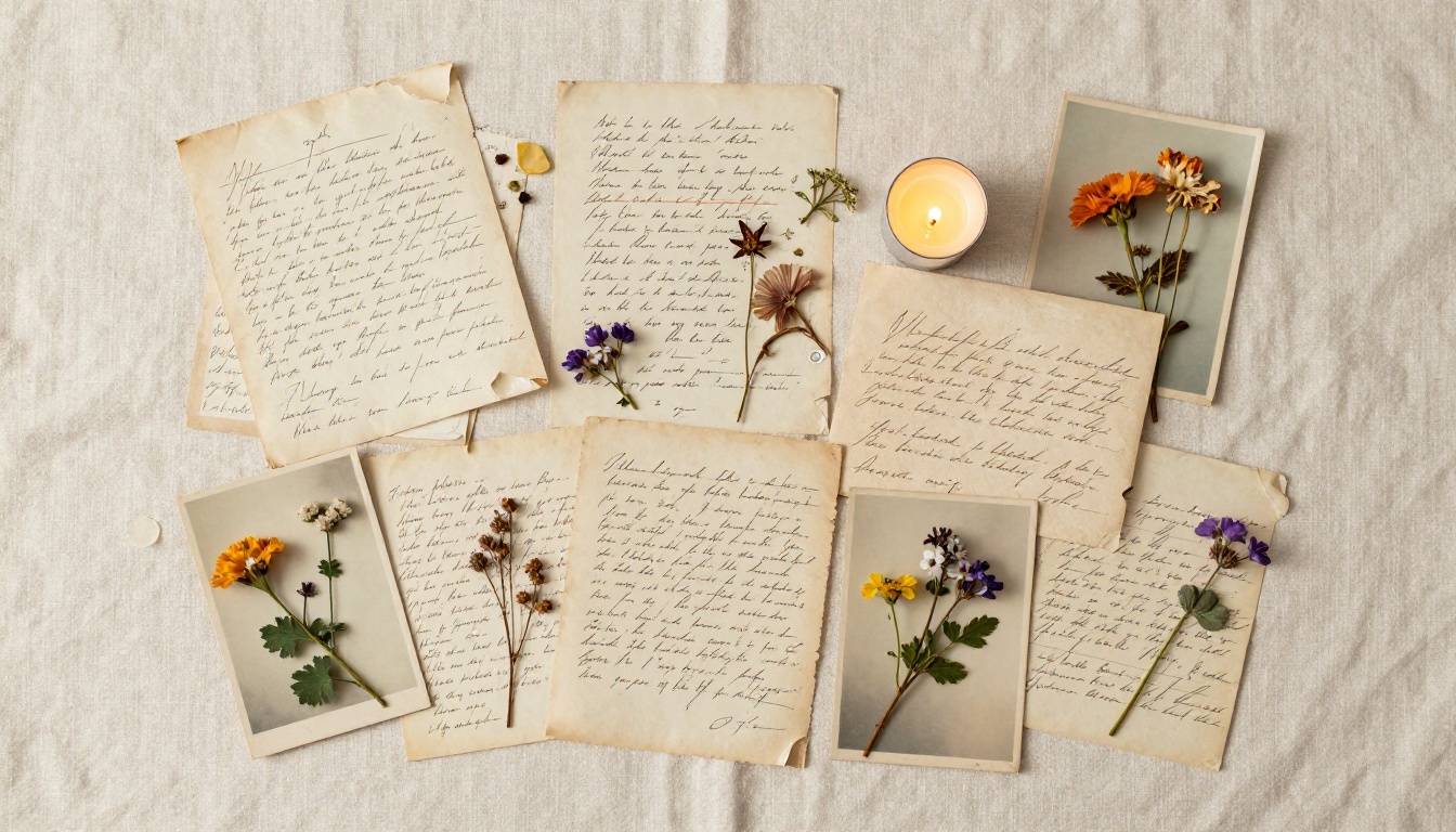 Aerial overhead flat lay of vintage photographs, handwritten letters, pressed flowers and a small candle arranged on cream linen cloth Aerial overhead flat lay of vintage photographs, handwritten letters, pressed flowers and a small candle arranged on cream linen cloth