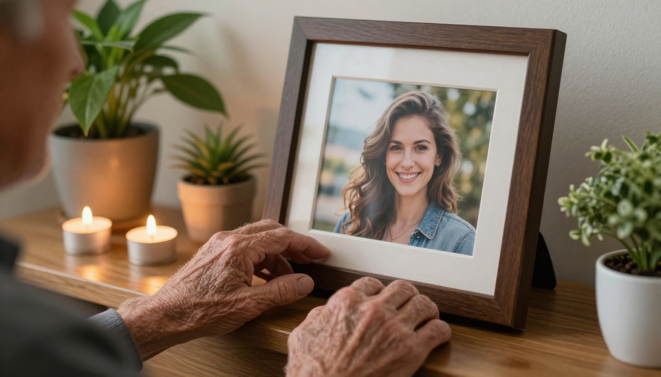 An elderly man's wrinkled hands gently touching a framed photograph on a wooden bookshelf surrounded by small potted plants and candles