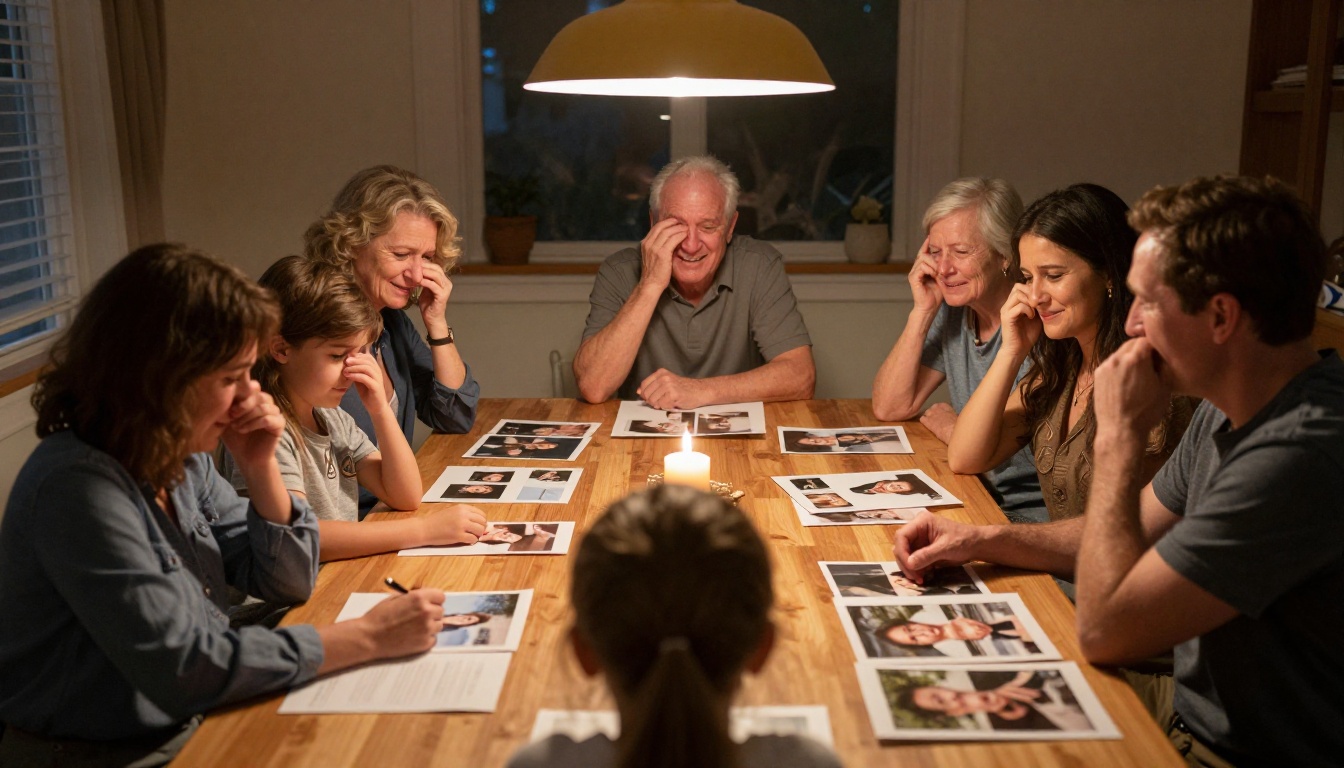 Family members gathered around a warm dining table sharing printed photographs and remembering a loved one with smiles and tears Family members gathered around a warm dining table sharing printed photographs and remembering a loved one with smiles and tears