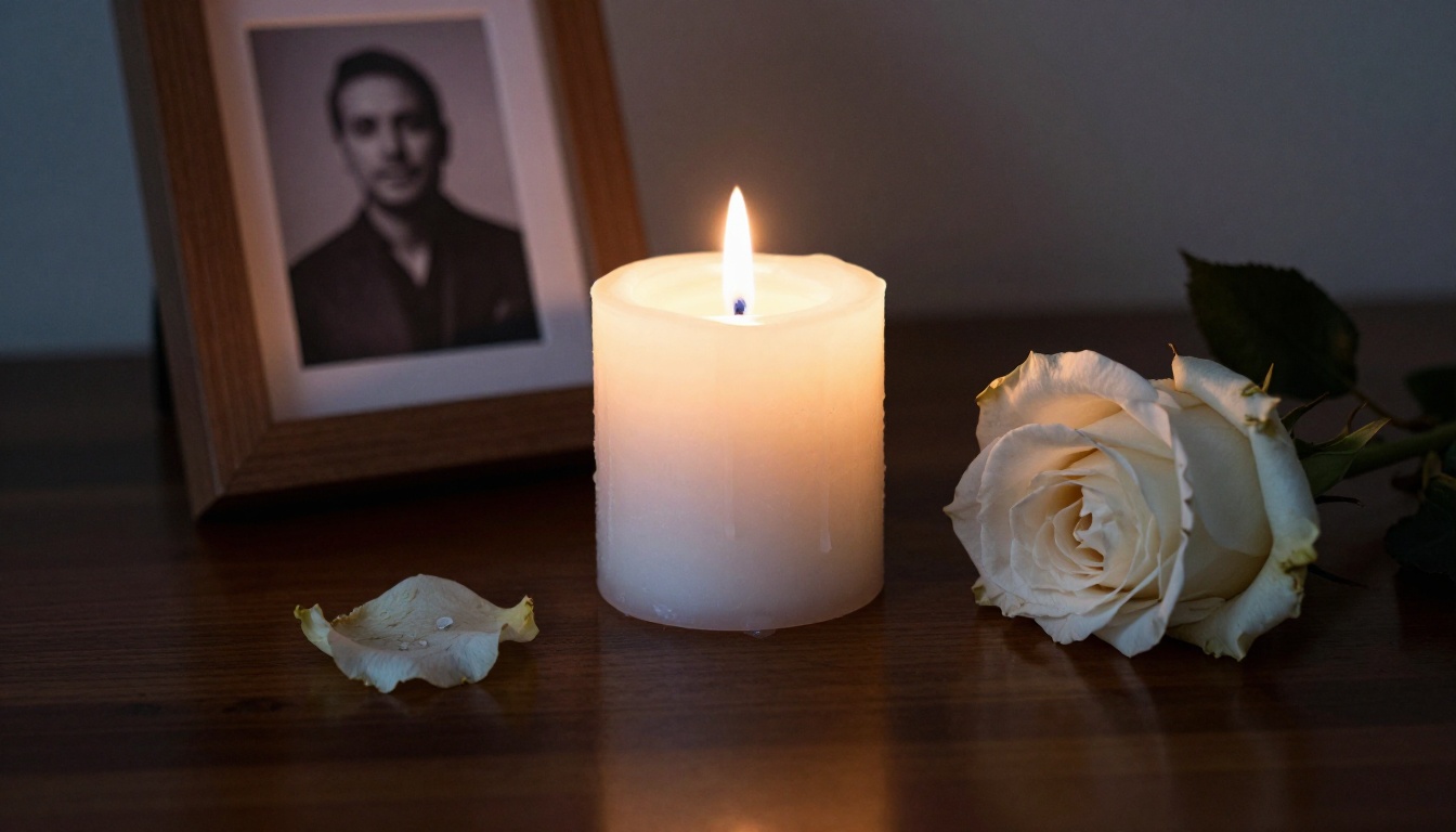 A low-angle close-up of a single white candle burning beside a framed black and white portrait photograph on a dark polished wooden surface, a wilting white rose beside it