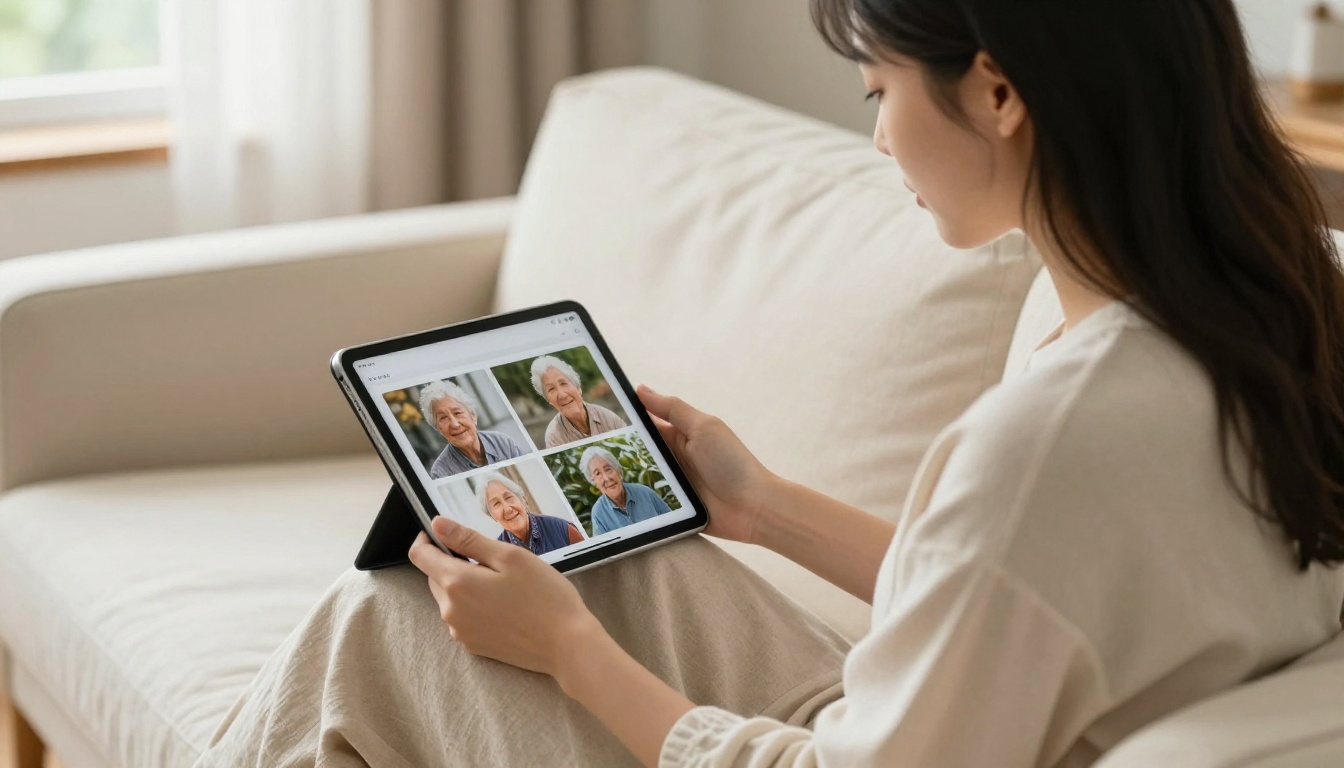 A young woman sitting on a cream linen couch scrolling through a digital memorial flipbook on a tablet, soft natural daylight from a side window