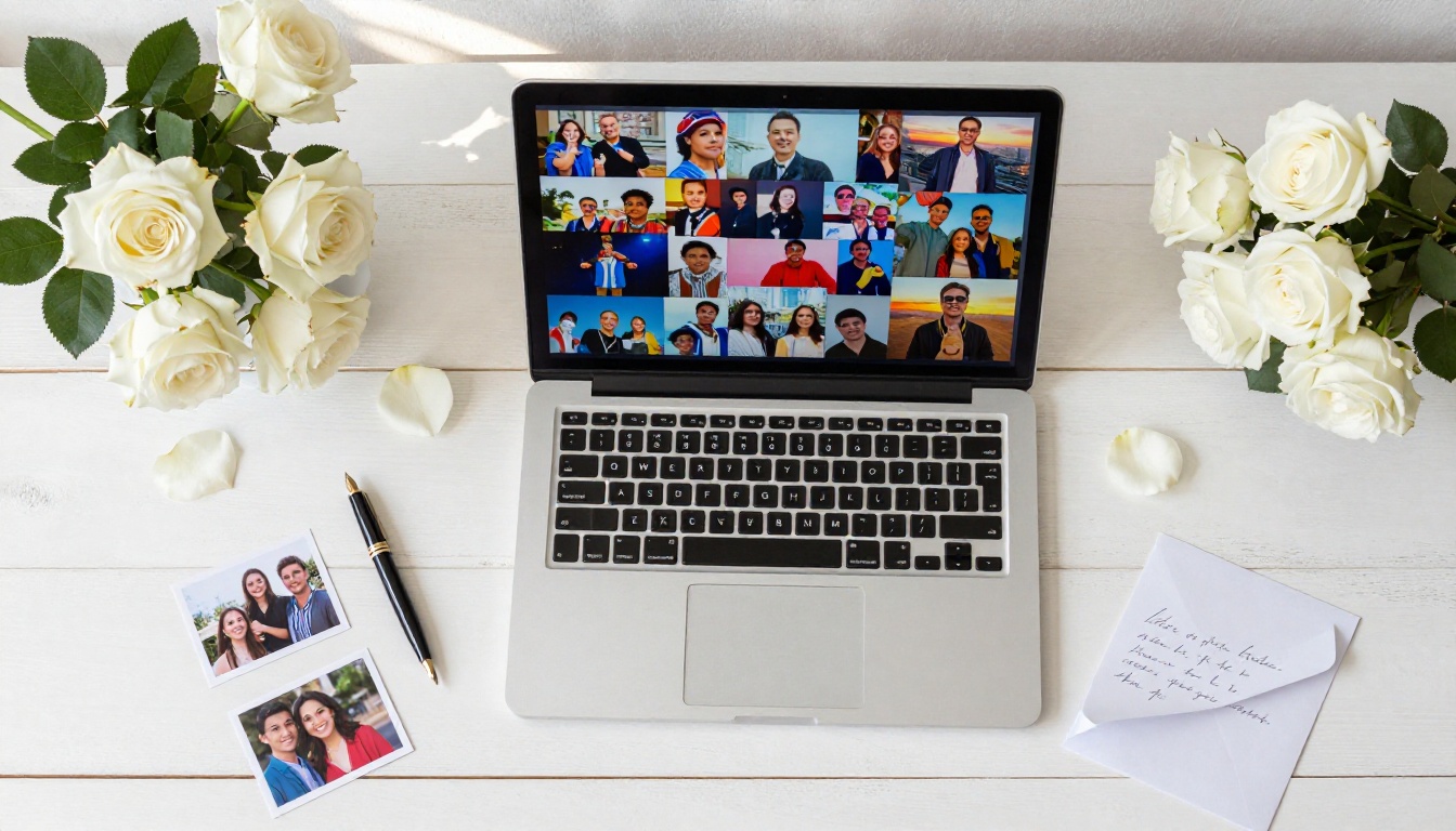 Overhead flat lay of a clean white desk with a laptop showing a colorful memorial flipbook, surrounded by white roses, a vintage fountain pen, and handwritten letters