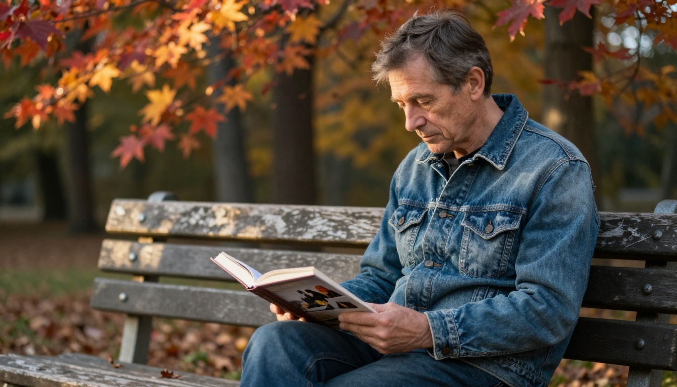 A man sitting alone on a weathered park bench holding an open photo book, golden autumn light filtering through amber leaves A man sitting alone on a weathered park bench holding an open photo book, golden autumn light filtering through amber leaves