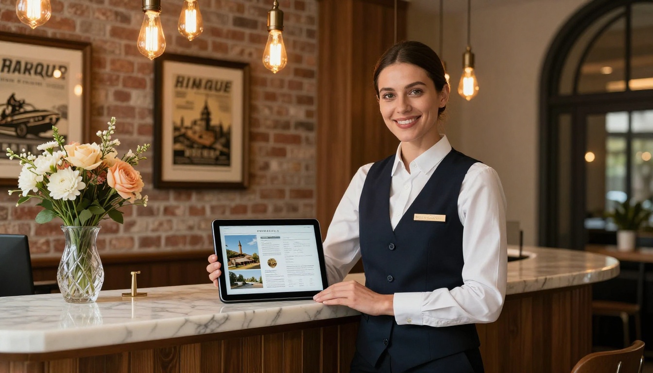 Boutique hotel concierge showing digital brochure on tablet to guests in warm marble lobby