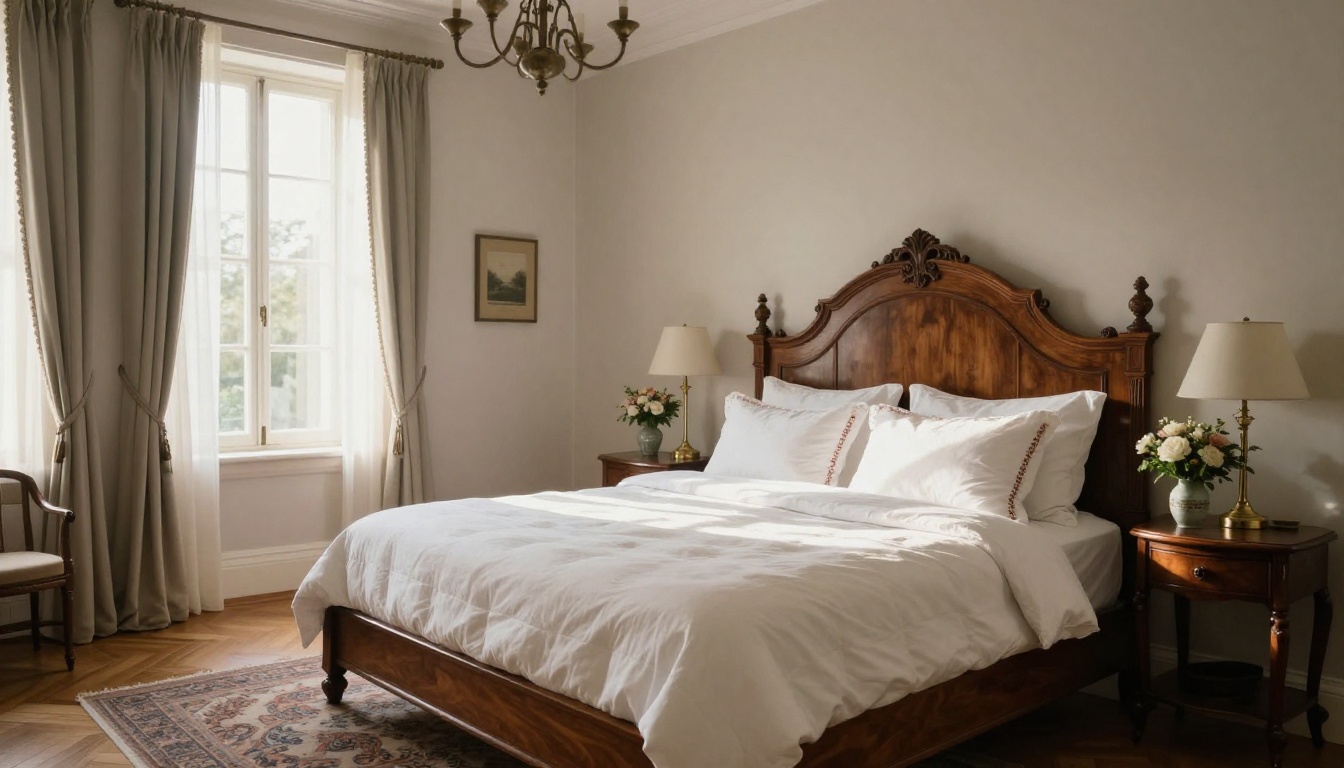 Luxurious boutique hotel bedroom with herringbone floors and morning sunlight through linen curtains