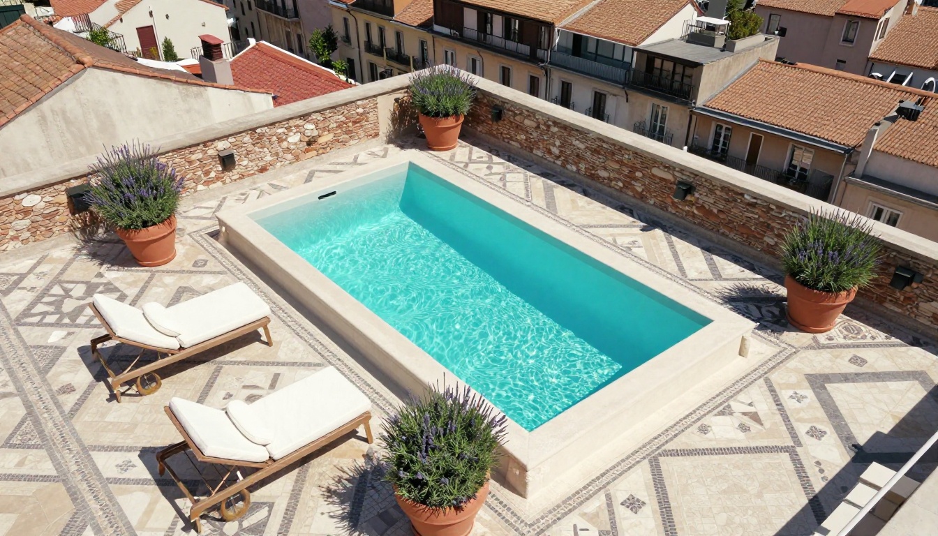 Aerial view of boutique hotel rooftop terrace with plunge pool and Mediterranean mosaic tiles