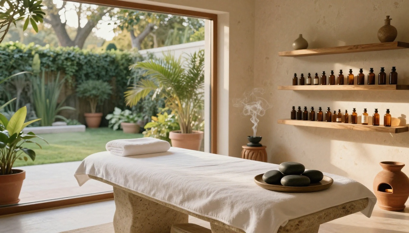 Serene boutique hotel spa with stone massage table and natural light overlooking private garden