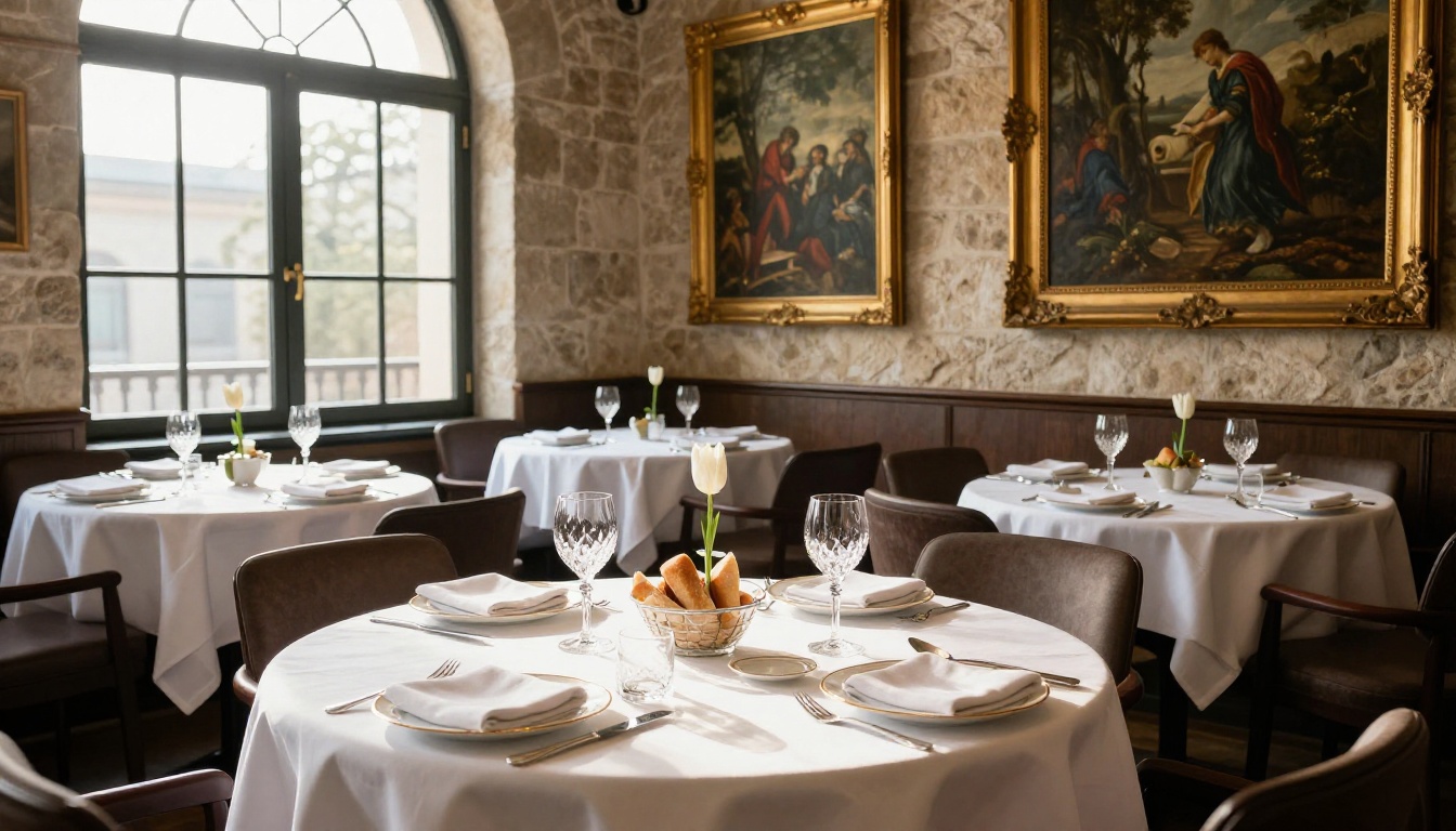 Boutique hotel intimate dining room with white tablecloths and morning light through arched windows