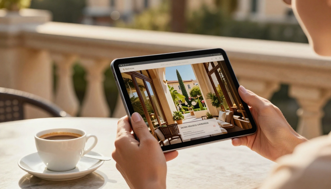 Elegant hands holding tablet showing hotel digital brochure on Mediterranean terrace with espresso