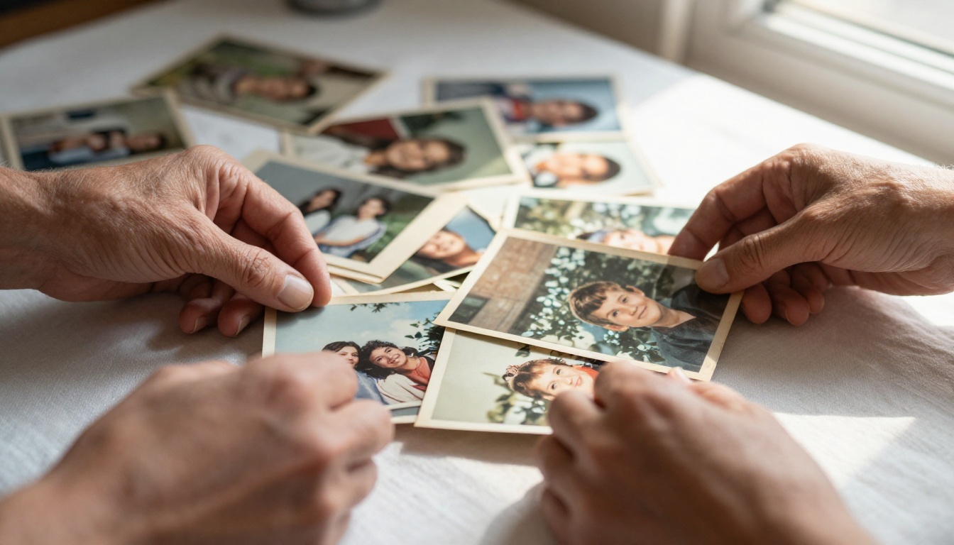 Hands organizing family photographs on white linen