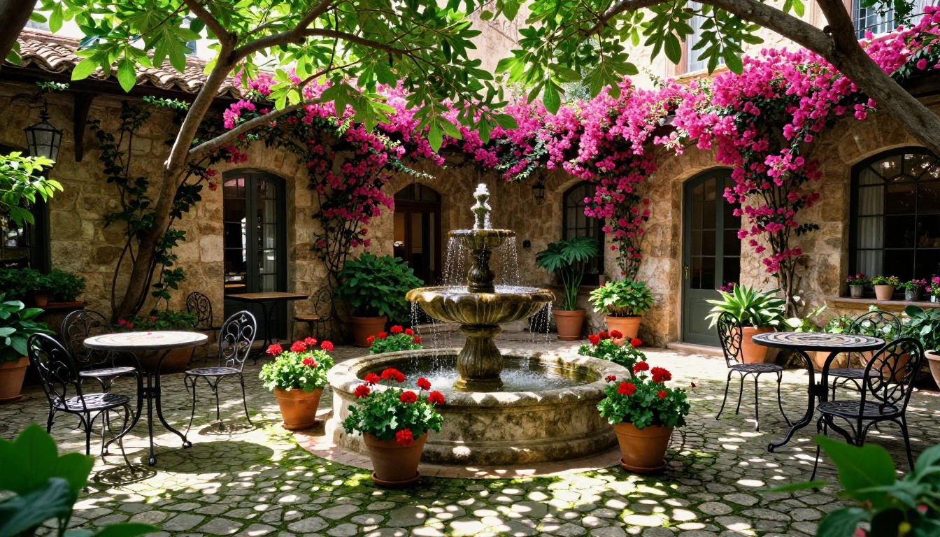 Boutique hotel Mediterranean courtyard garden with stone fountain and bougainvillea