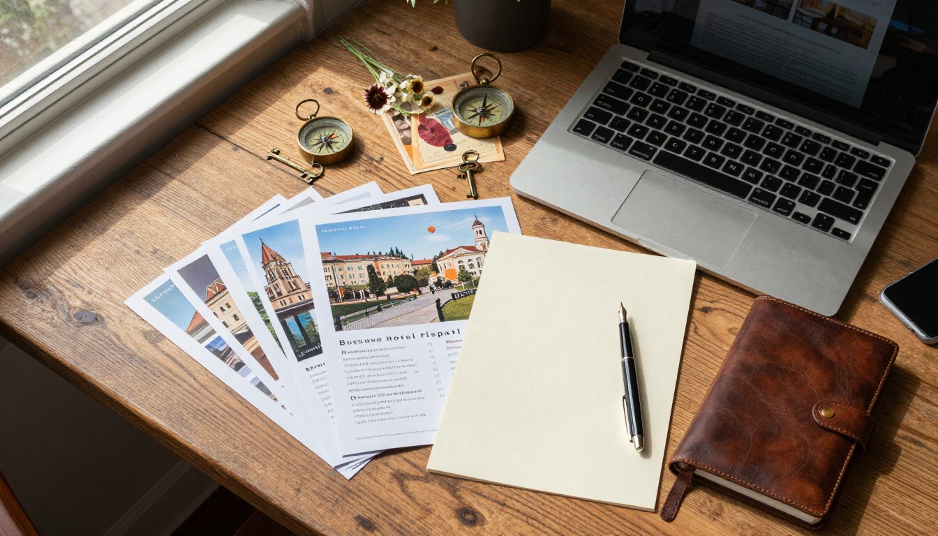 Hotel marketing desk with printed brochures and laptop showing digital flipbook