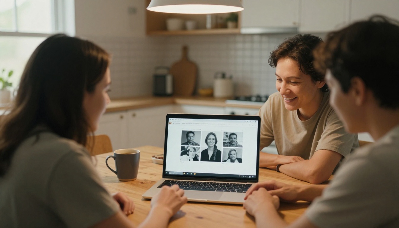 A family gathered around a laptop viewing a digital memorial flipbook together