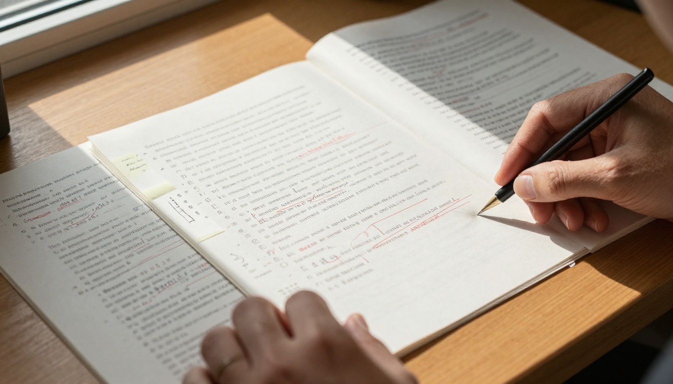 Author reviewing manuscript pages at a wooden desk