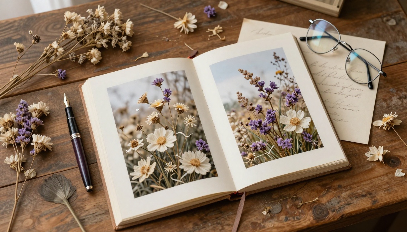 Open tribute album with pressed flowers and handwritten letters on an oak desk