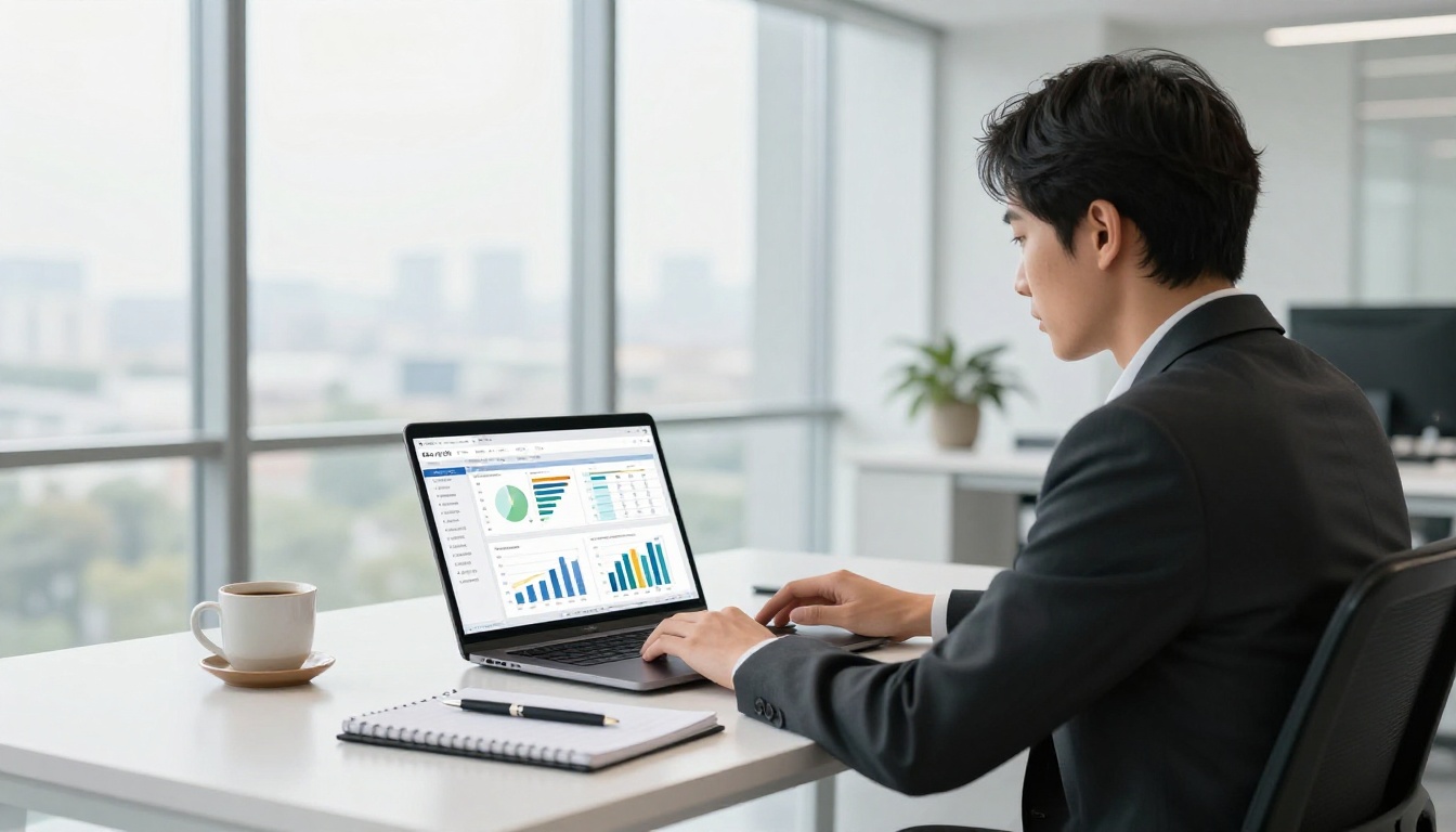 Publishing professional reviewing reader analytics on a laptop in a modern office