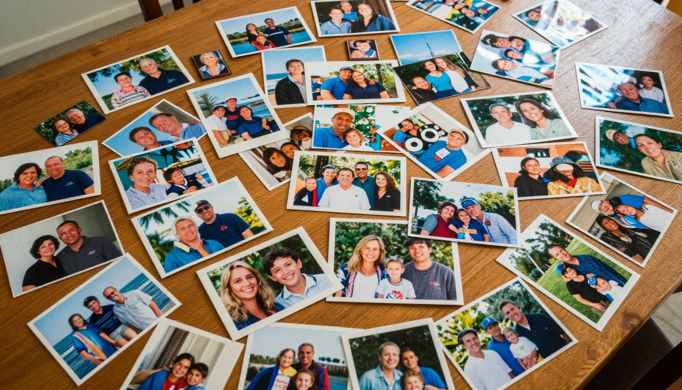 Aerial view of family photographs spread across a dining table for organization