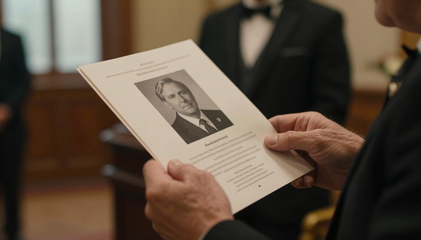 An older man holding a printed memorial tribute program at a chapel funeral service