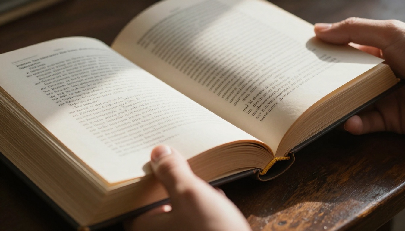 Close-up of hands opening a hardcover book with strong natural directional light