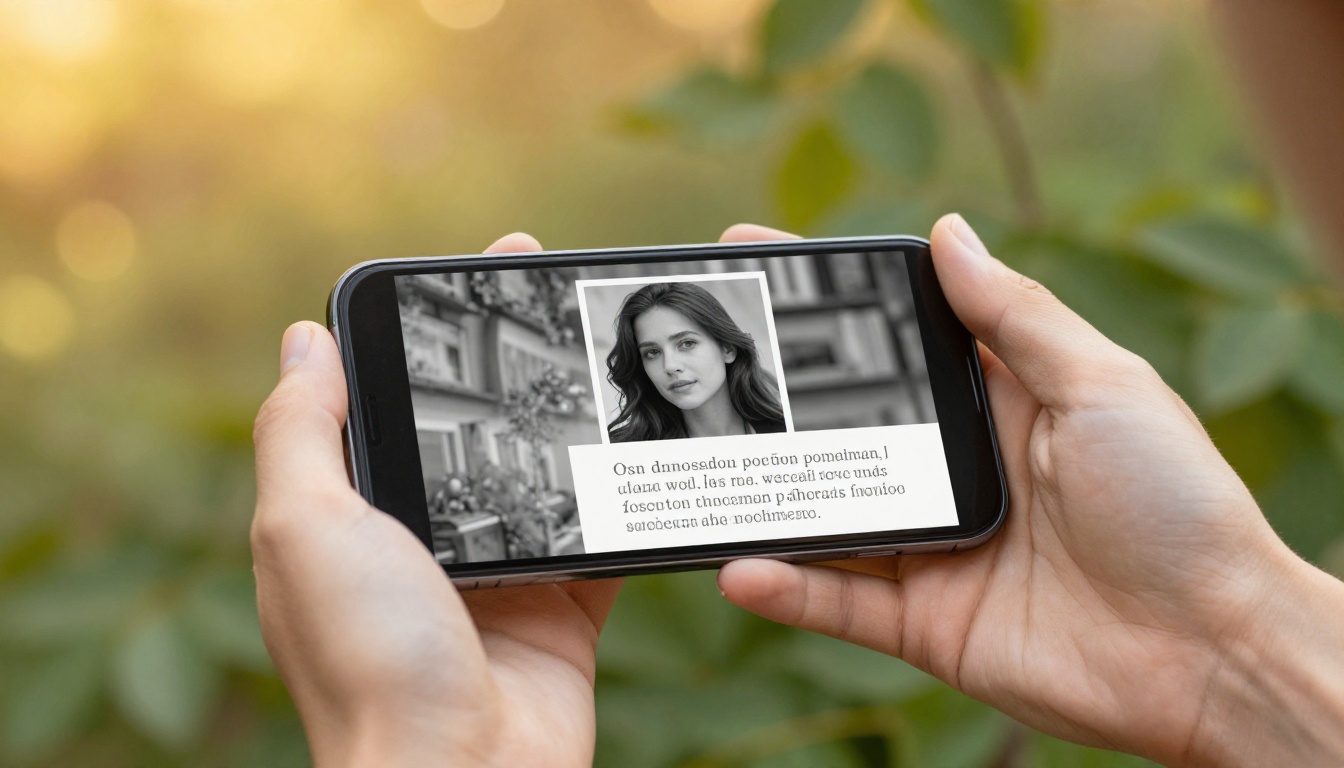 A smartphone displaying a memorial flipbook page held over a garden background