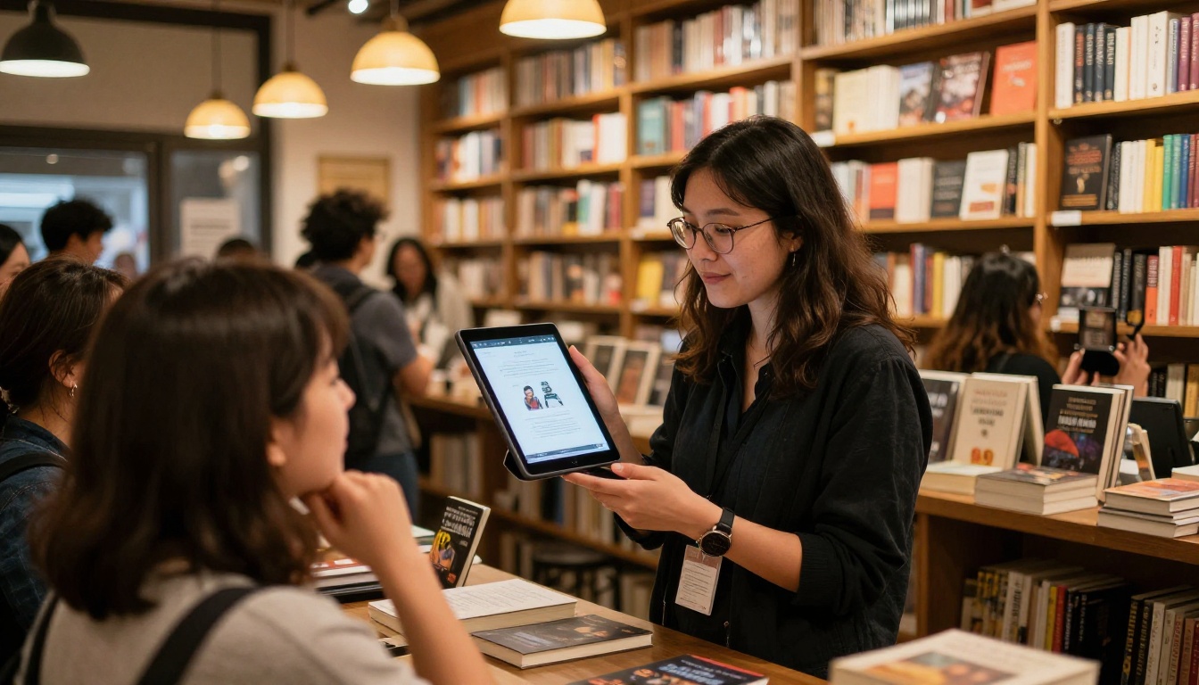 Author at a book signing showing a tablet to a reader in a bookstore