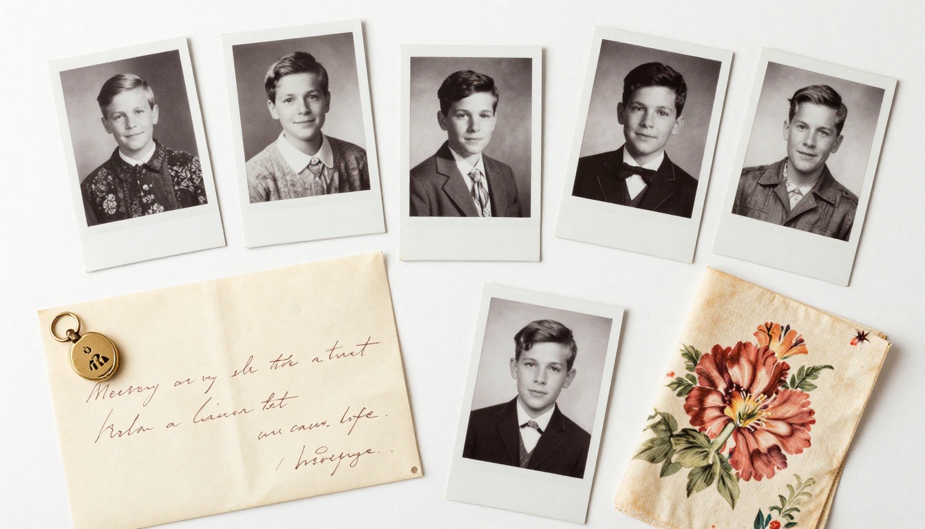 Vintage family mementos and photographs arranged on white surface for digitization