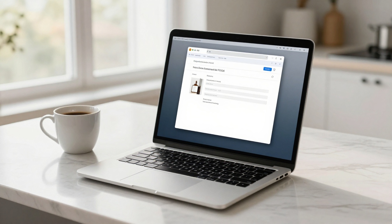 Laptop showing email with digital book preview link on a marble countertop