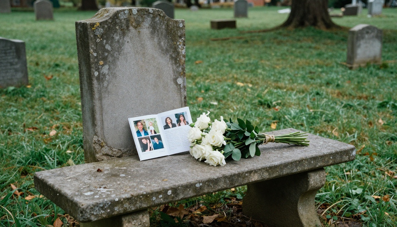 A serene cemetery bench with white flowers and a printed tribute booklet as remembrance
