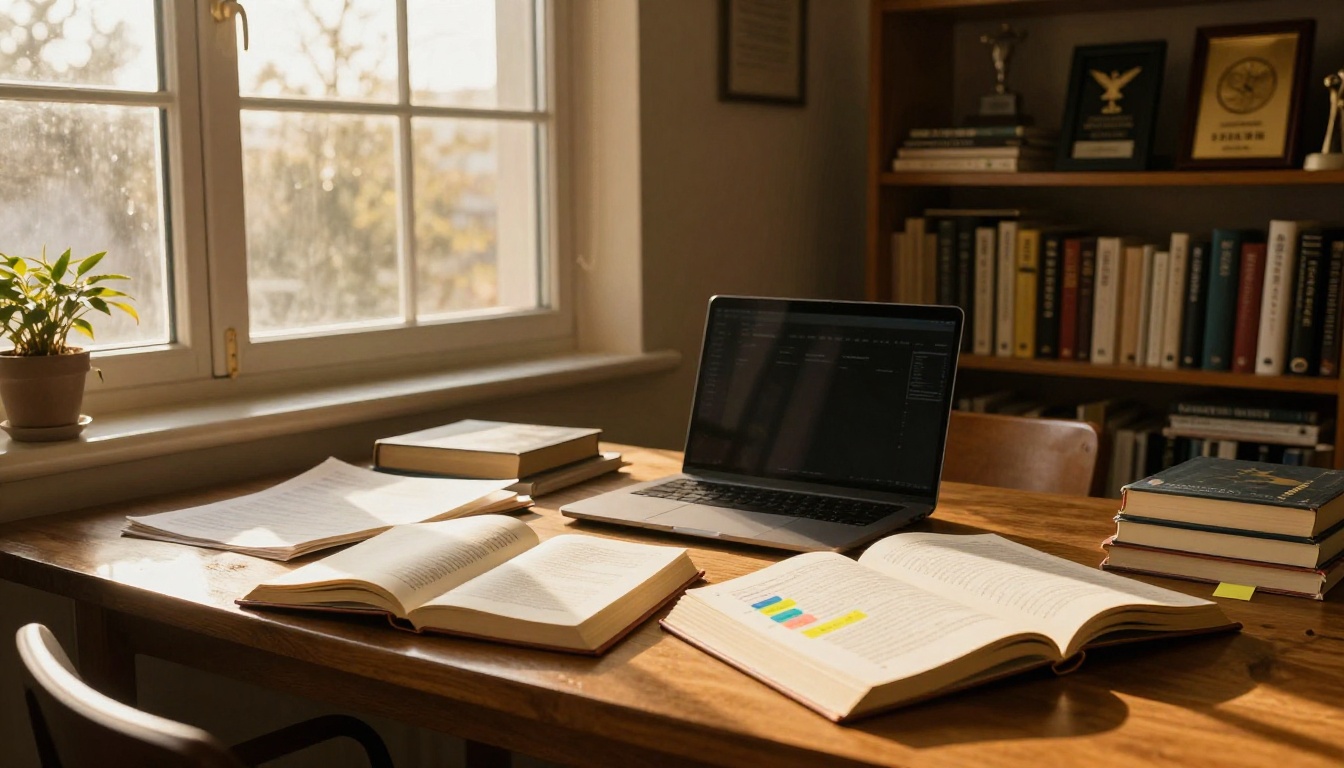 Writer's creative workspace with golden hour light flooding through tall windows