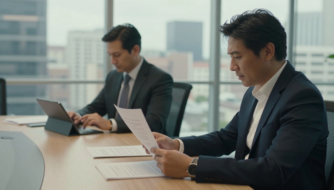 Literary agent comparing printed manuscript pages with a tablet at a conference table