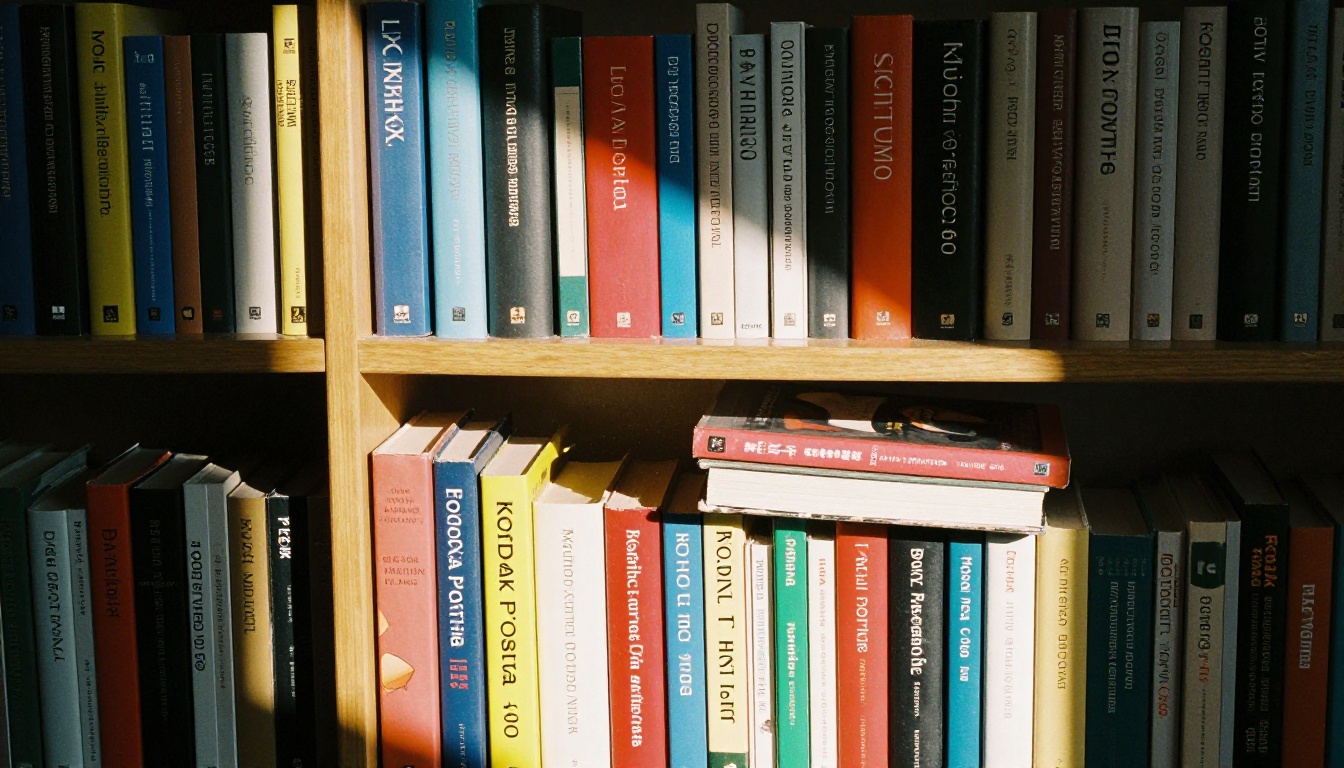 Colorful bookshelf with novels in warm directional light