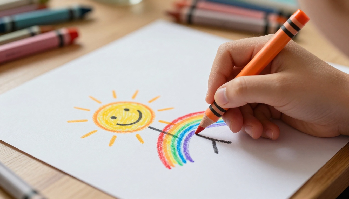 Child's hand holding crayon and drawing on white paper with colorful artwork