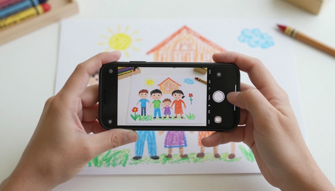 Parent holding smartphone to digitize a child's colorful crayon drawing on desk
