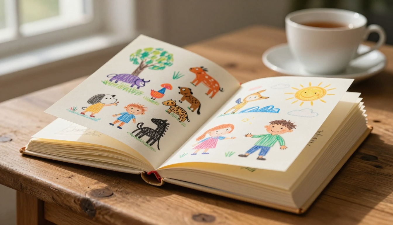 Beautiful open flipbook on wooden table with children's drawings visible on pages
