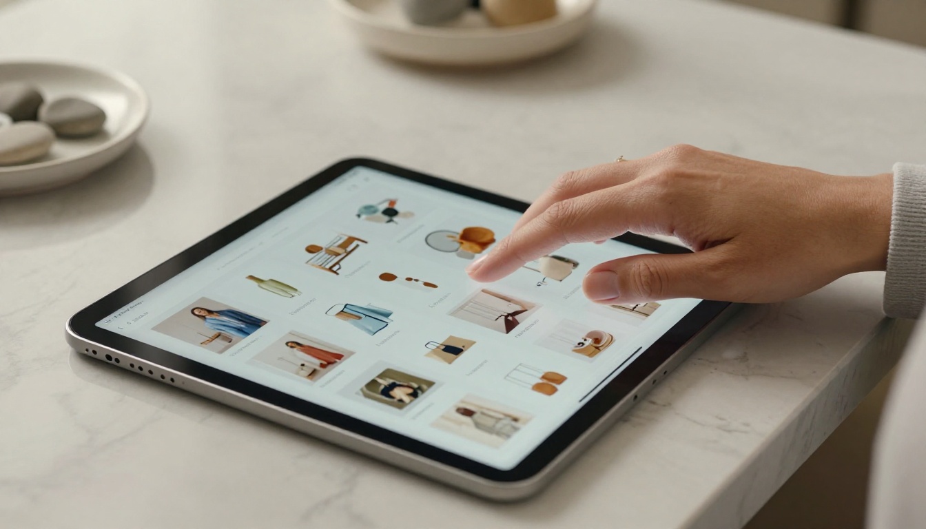 Woman browsing digital product catalog on tablet