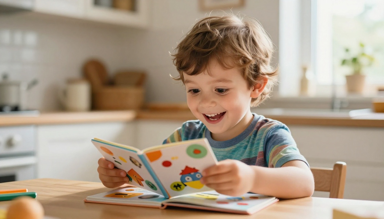Young child with excited expression flipping through a colorful flipbook