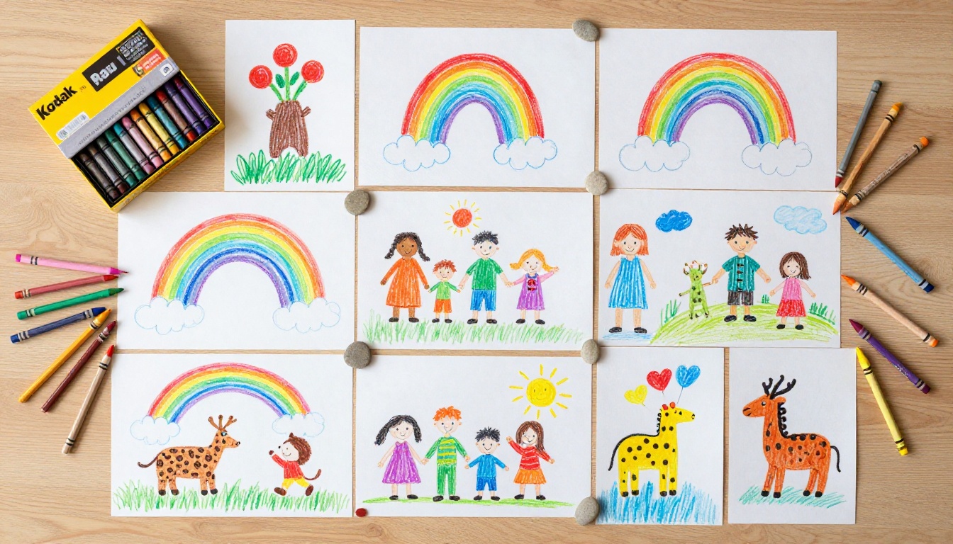 Overhead flat-lay of colorful children's drawings spread on wooden surface with crayons