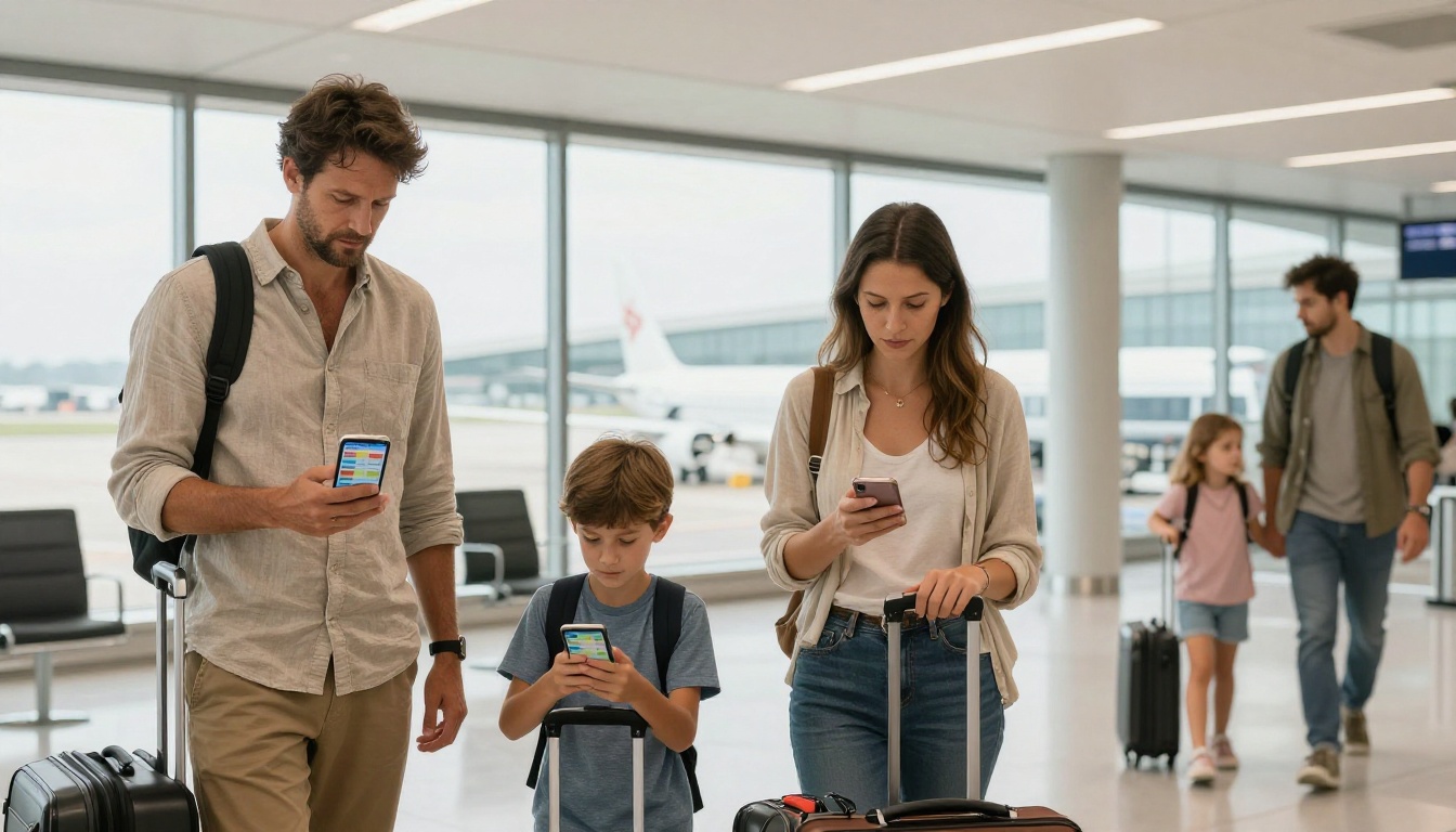 Family at airport checking smartphones with synchronized travel itinerary