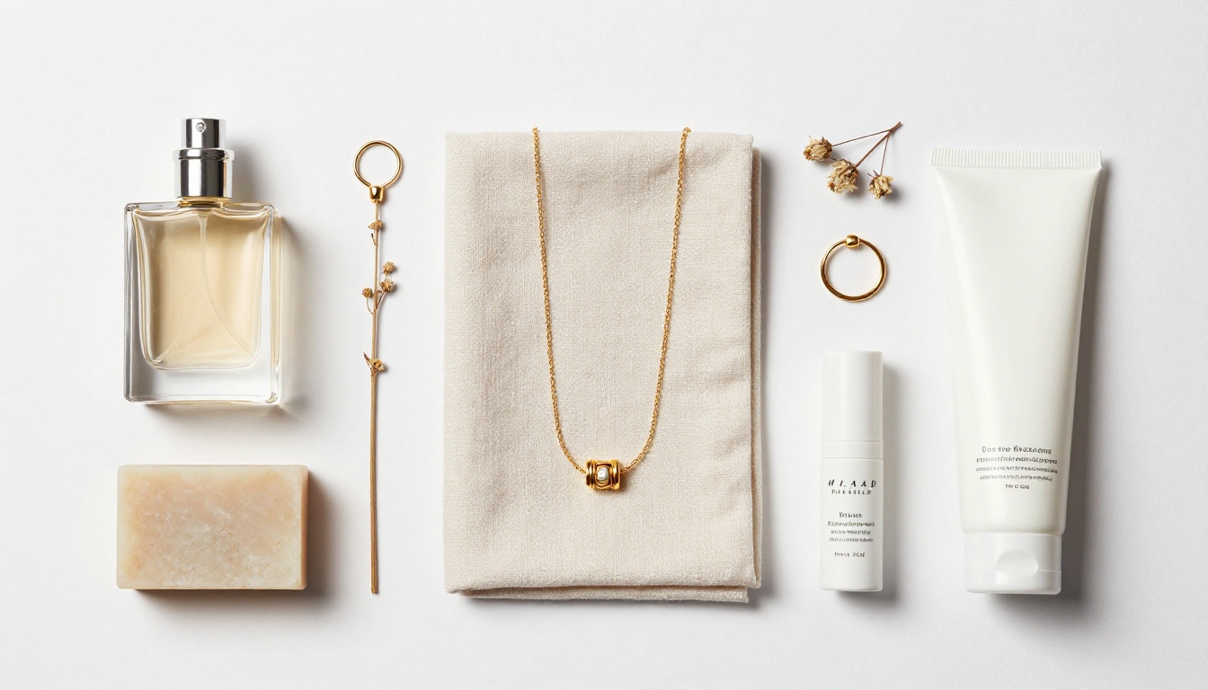 Flat lay of curated dropshipping products on white surface