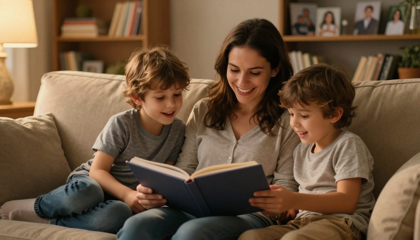 Mother and two young children sitting on couch looking at an open flipbook together Mother and two young children sitting on couch looking at an open flipbook together