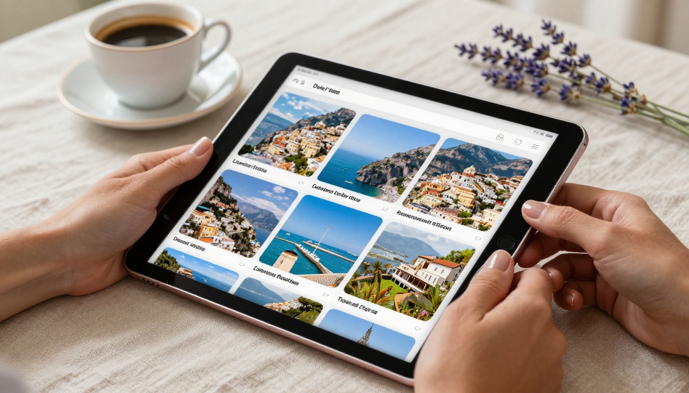 Close-up of iPad showing digital travel flipbook with Amalfi Coast itinerary on linen tablecloth
