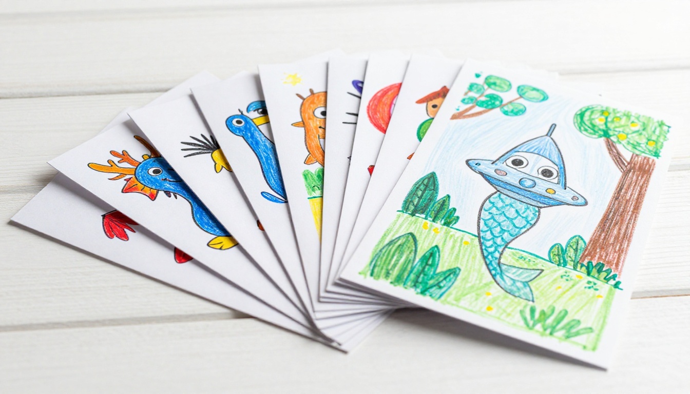Children's drawings fanned out showing colorful artwork including dragons and mermaids Children's drawings fanned out showing colorful artwork including dragons and mermaids