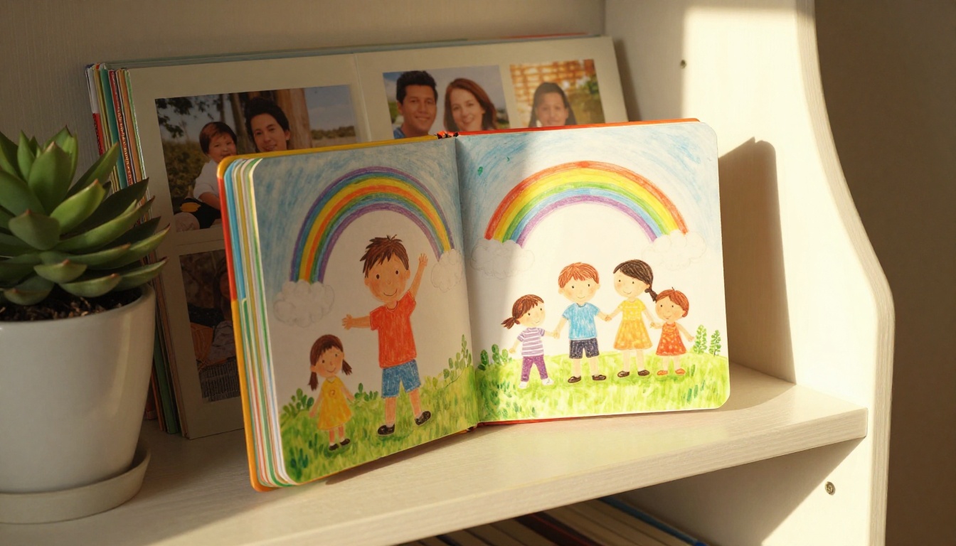 Finished children's art flipbook displayed on bookshelf next to family photo albums Finished children's art flipbook displayed on bookshelf next to family photo albums