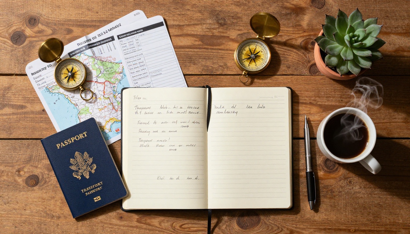 Overhead flat-lay of travel documents, passport, boarding passes, and coffee on wooden table