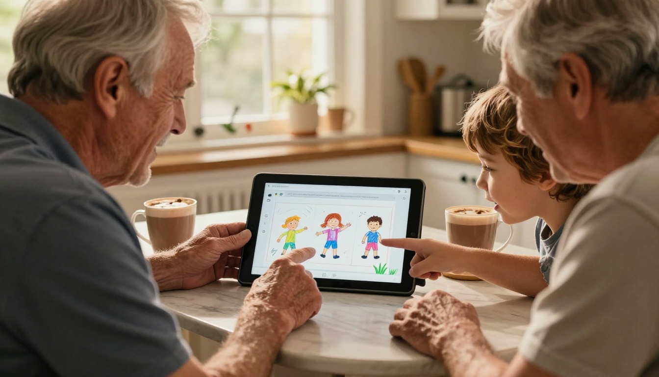 Grandfather and young grandchild looking at digital flipbook on tablet together at kitchen table Grandfather and young grandchild looking at digital flipbook on tablet together at kitchen table