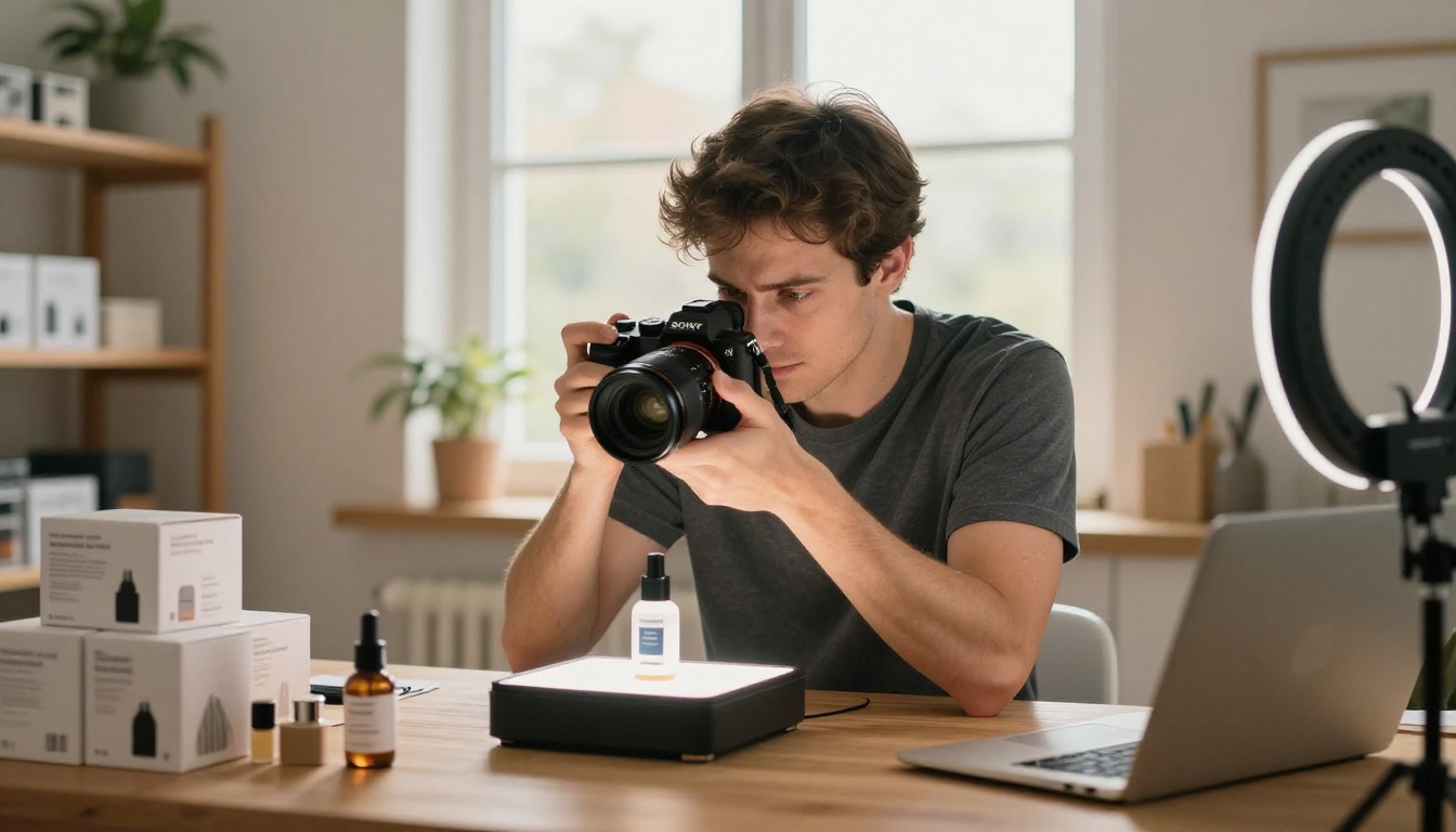 Young man photographing products with mirrorless camera in home studio