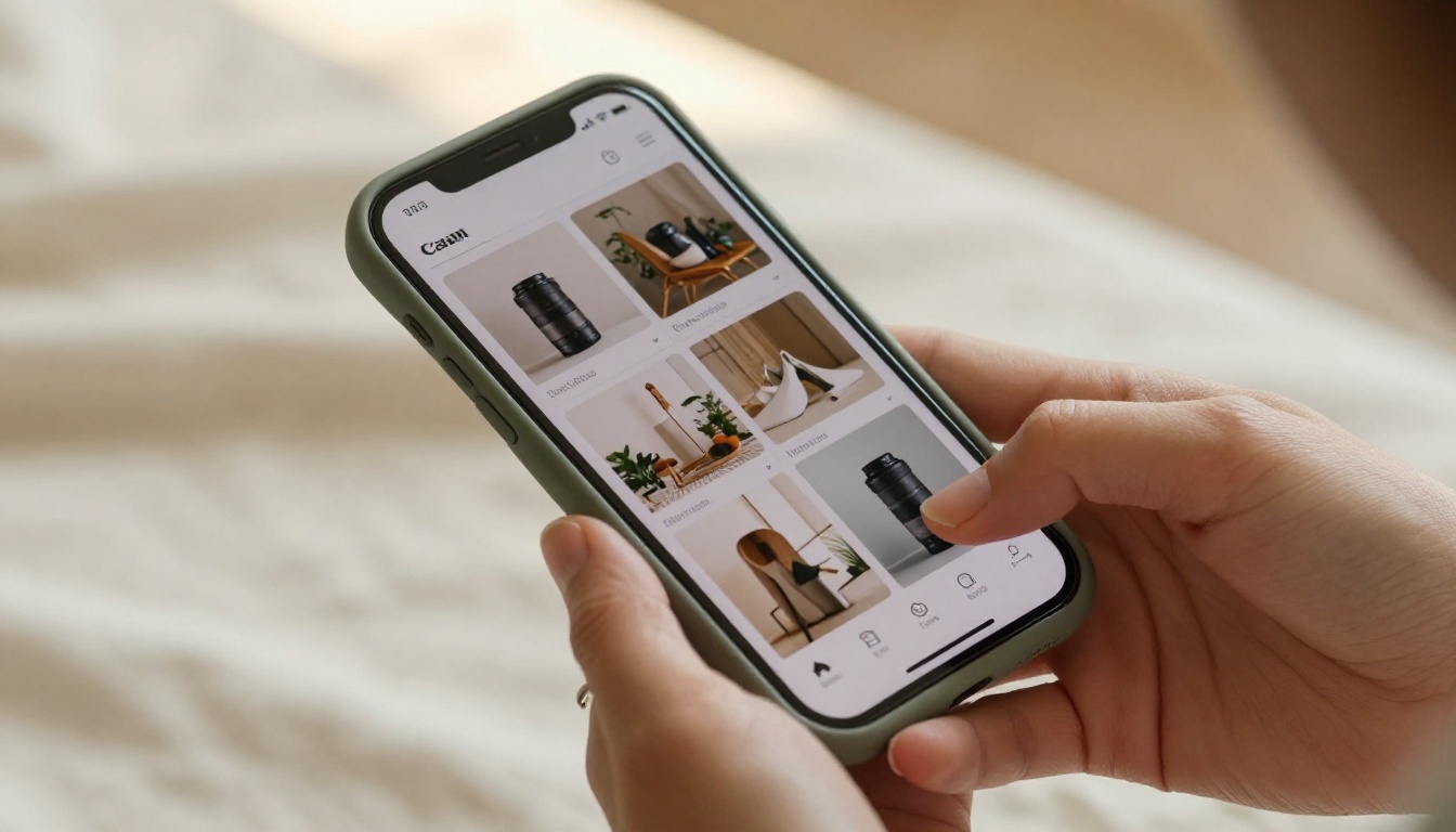 Woman browsing interactive product catalog on smartphone Woman browsing interactive product catalog on smartphone